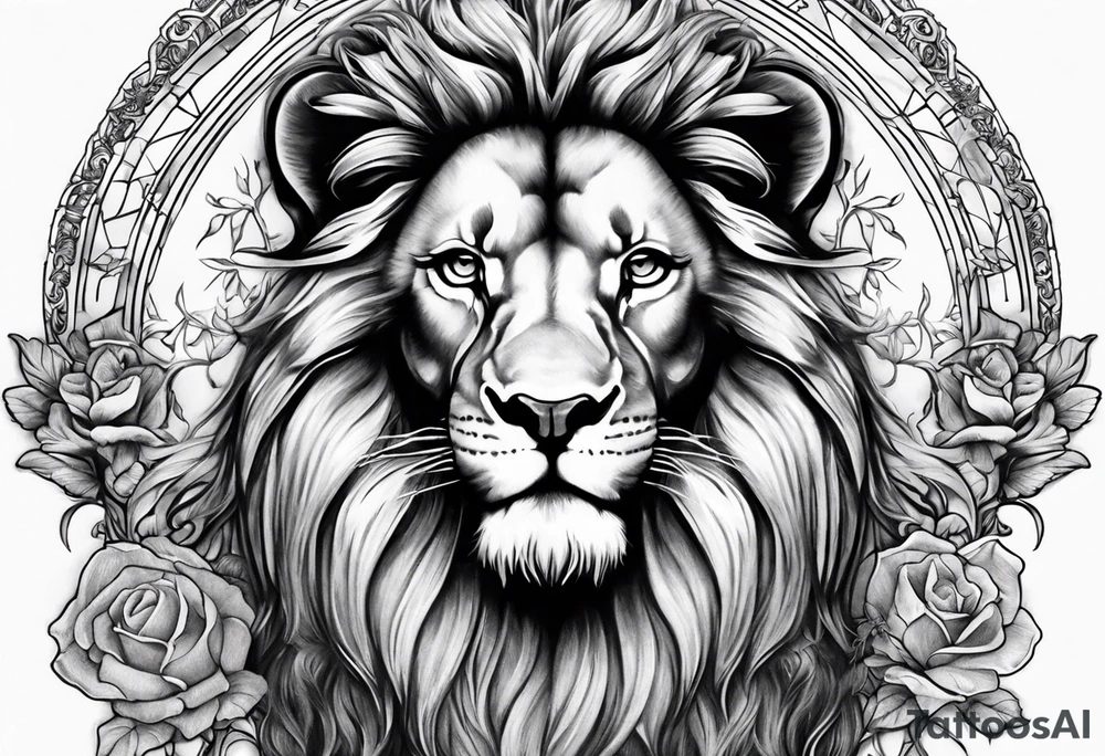 Full sleeve with Lion, cross, praying hands and angels. Incorporate the names Scarlett and Faith in the design tattoo idea