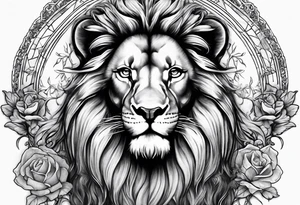 Full sleeve with Lion, cross, praying hands and angels. Incorporate the names Scarlett and Faith in the design tattoo idea
