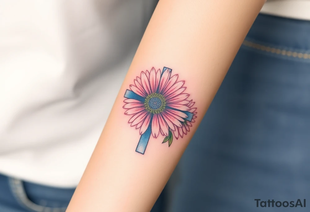 Gerber daisys behind negative space cross for forearm tattoo idea
