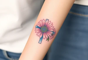 Gerber daisys behind negative space cross for forearm tattoo idea