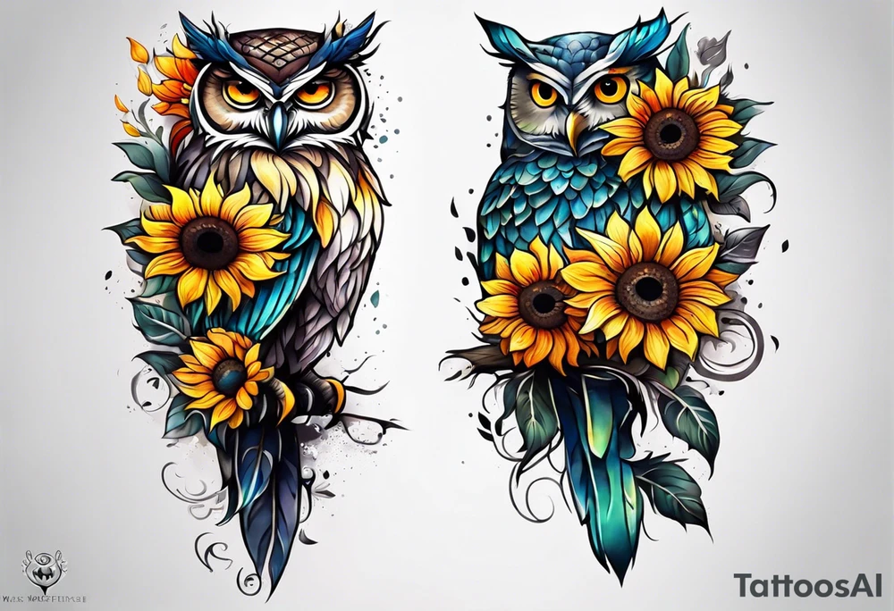 Leg sleeve with colorful sunflowers and an owl tattoo idea