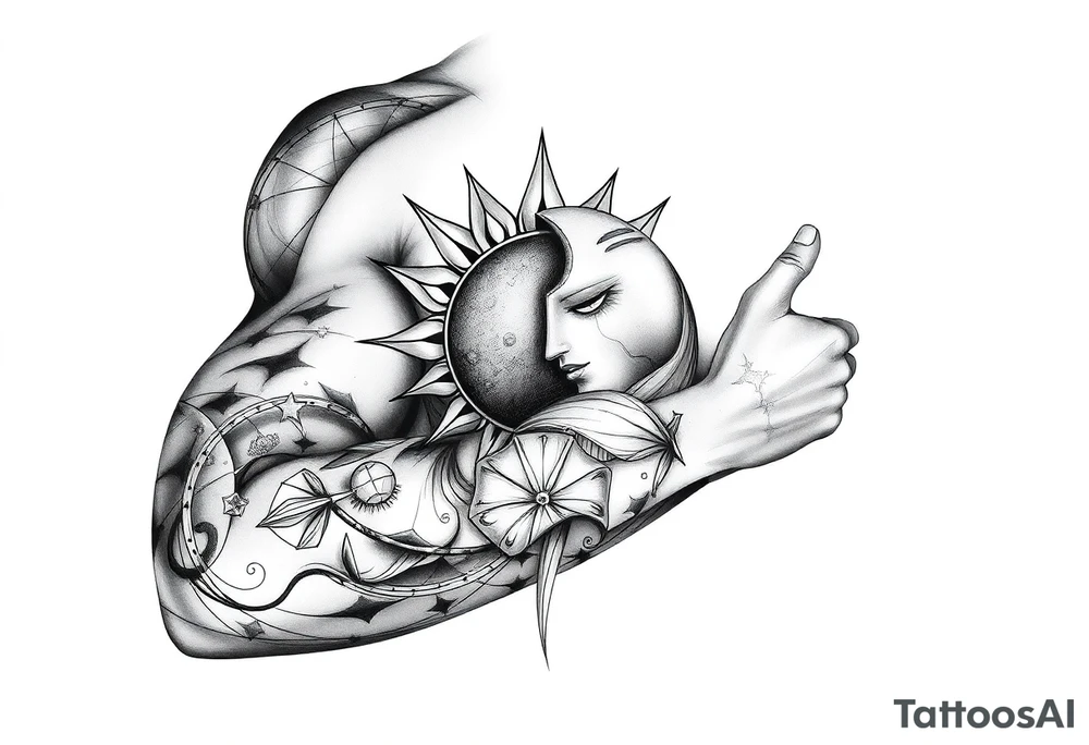 celestial sun and moon embrace with constellation patterns tattoo idea