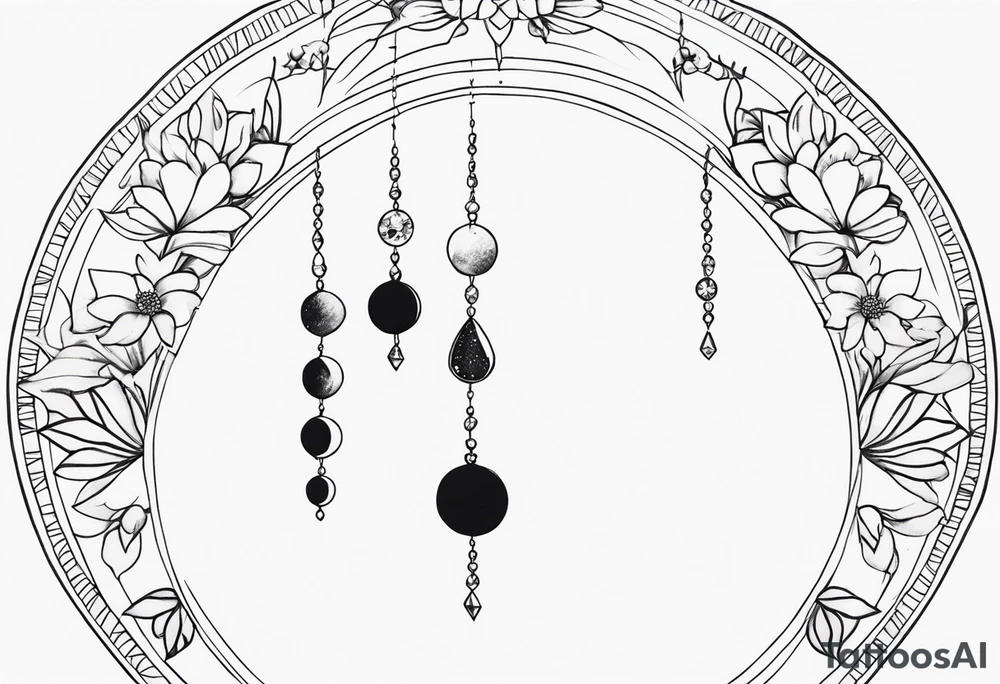 Moon phases in horizontal line, crystal, floral back of neck tattoo idea