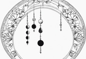 Moon phases in horizontal line, crystal, floral back of neck tattoo idea