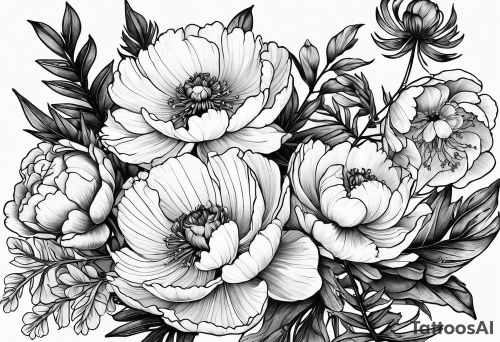 Peony flowers, fern fronds, cherokee rose, and hellebores tattoo idea