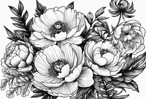 Peony flowers, fern fronds, cherokee rose, and hellebores tattoo idea