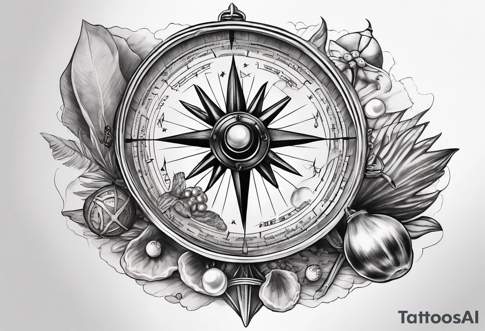 Pirate themed compass with oyster and pearl and a starfish as the directions on the compass tattoo idea