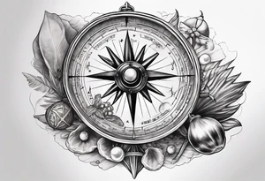 Pirate themed compass with oyster and pearl and a starfish as the directions on the compass tattoo idea