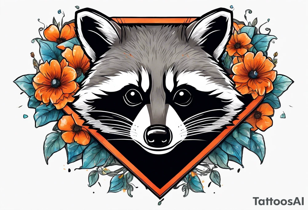 raccoon wearing a Superman hoodie with orange flowers tattoo idea