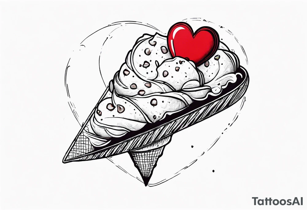 sketch chocolate chip ice cream cone with one red heart tattoo idea