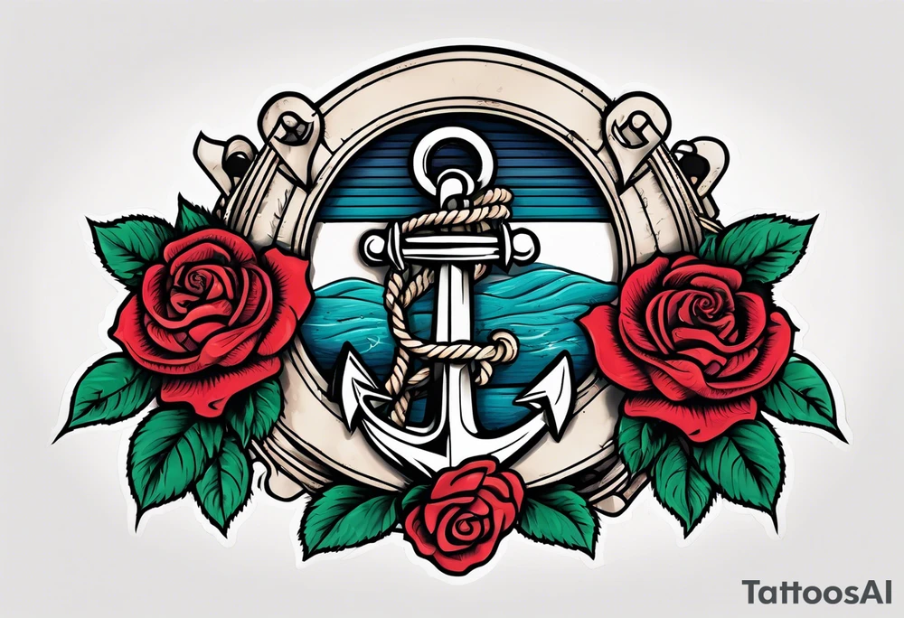 old school anchor sitting at an angle 
with rope 
and banner across anchor and old school roses tattoo idea