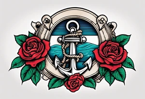 old school anchor sitting at an angle 
with rope 
and banner across anchor and old school roses tattoo idea
