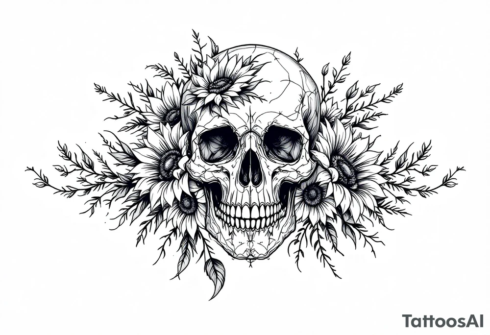 ornate skull adorned with wild roses and sunflowers tattoo idea
