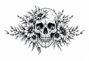 ornate skull adorned with wild roses and sunflowers tattoo idea