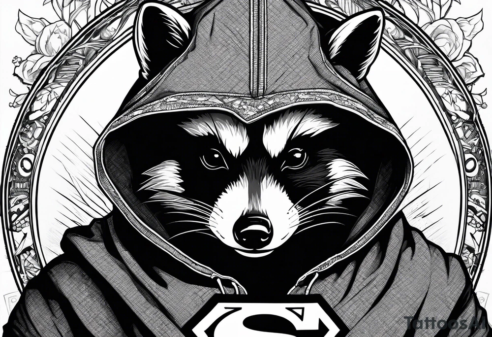 raccoon wearing a Superman hoodie tattoo idea