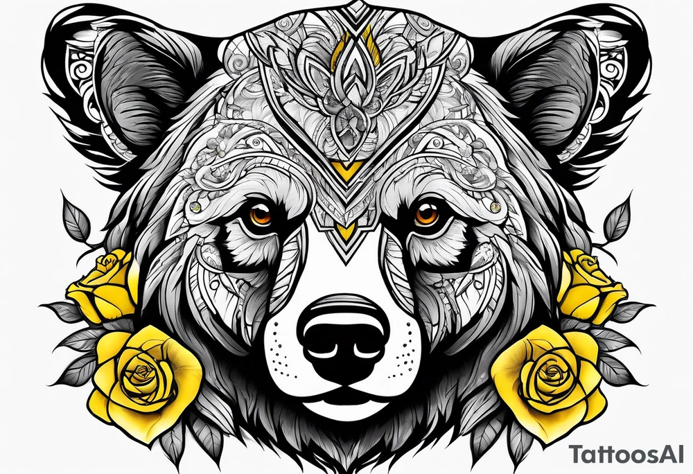 A tribal bear above a butterfly and yellow rose tattoo idea