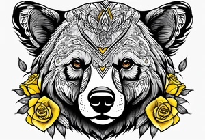 A tribal bear above a butterfly and yellow rose tattoo idea