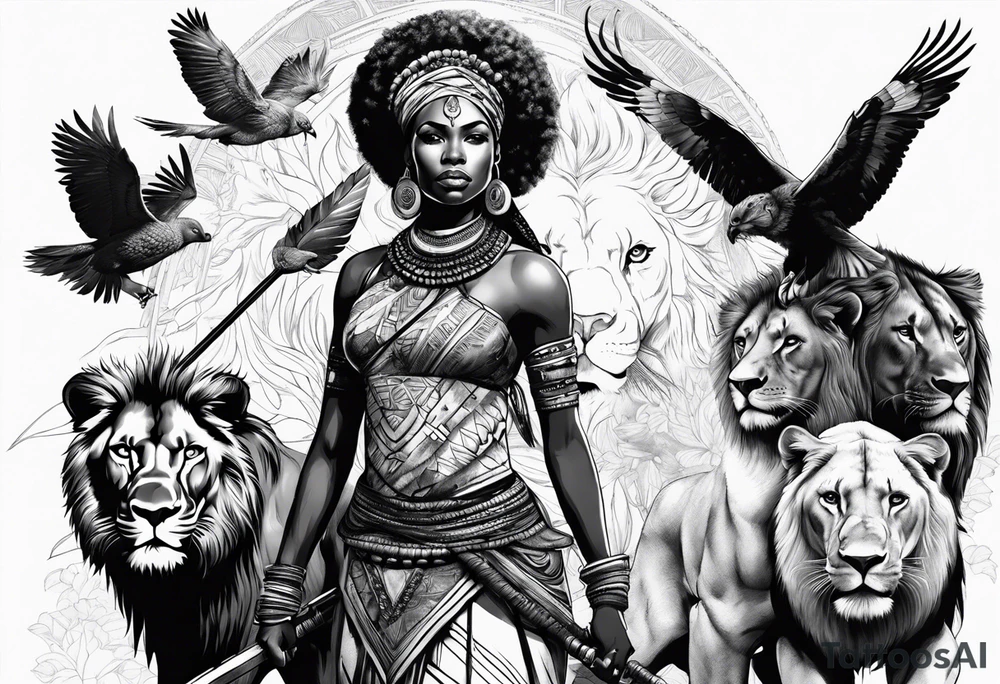 African woman warrior holding a spear with birds and lion in the background tattoo idea