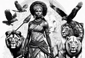 African woman warrior holding a spear with birds and lion in the background tattoo idea