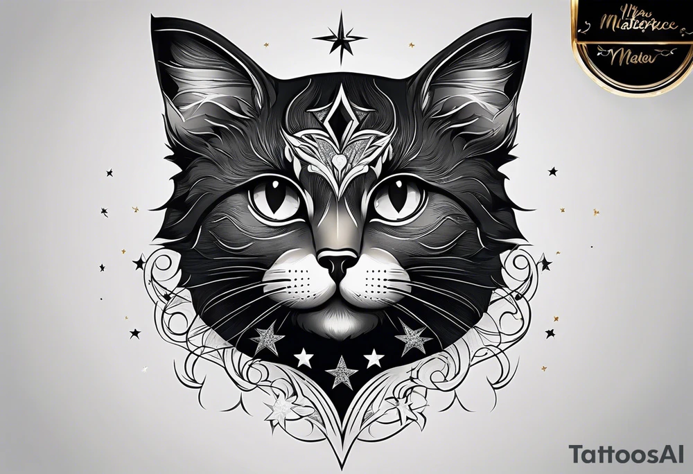 Photo realistic black cat head with moon and stars tattoo idea