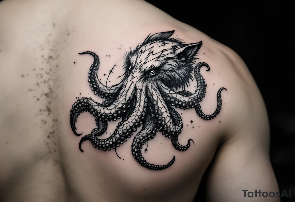 Fantasy Wolf octopus in the arm tattoo idea