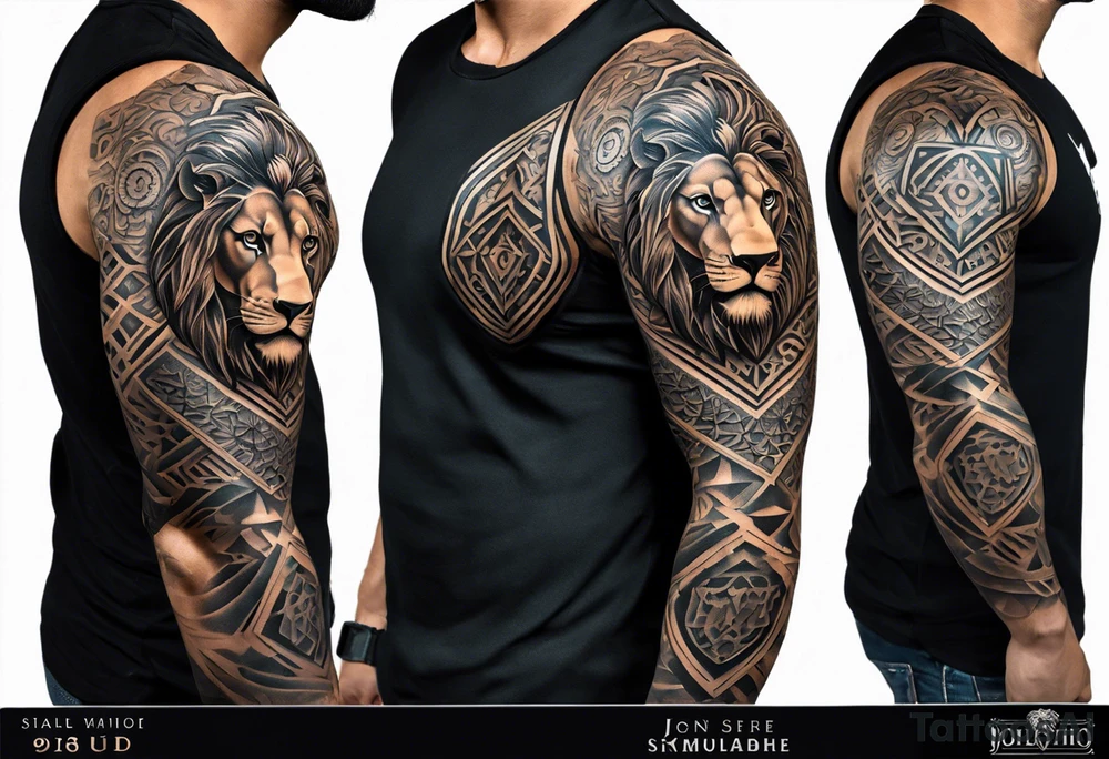 A full tattoo sleeve designed with a strong, masculine aesthetic, featuring a powerful lion as the centerpiece. The lion, symbolizing strength, courage, and leadership, is depicted with intricate detail and dynamic shading, capturing its fierce expression and majestic mane. Surrounding the lion, incorporate geometric patterns that add structure and contrast to the design. These patterns are bold and angular, creating a sense of order and symmetry that complements the natural form of the lion. The geometric elements are woven around the lion, emphasizing its central position while providing a modern, edgy backdrop. The shading throughout the sleeve is deep and dramatic, enhancing the contrast between the organic features of the lion and the precise lines of the geometric patterns. The overall design is bold, intense, and visually striking, combining the raw power of the lion with the clean, ordered aesthetic of geometric patterns for a cohesive and masculine tattoo sleeve. tattoo idea