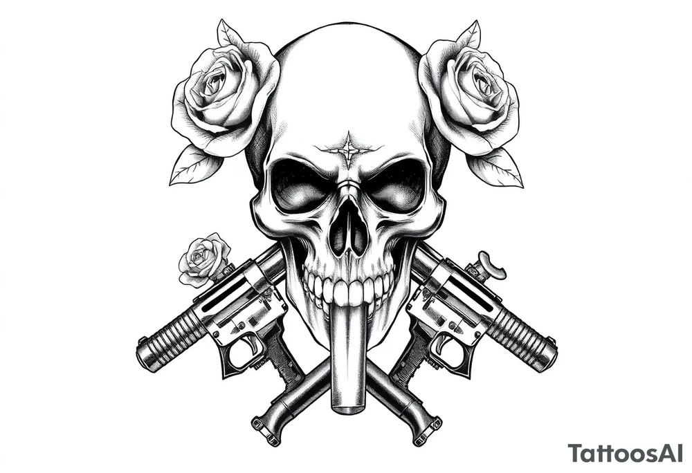 realistic skull,roses,cigar,crossed guns, tattoo idea