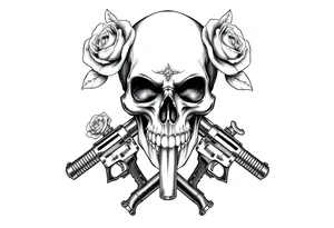 realistic skull,roses,cigar,crossed guns, tattoo idea