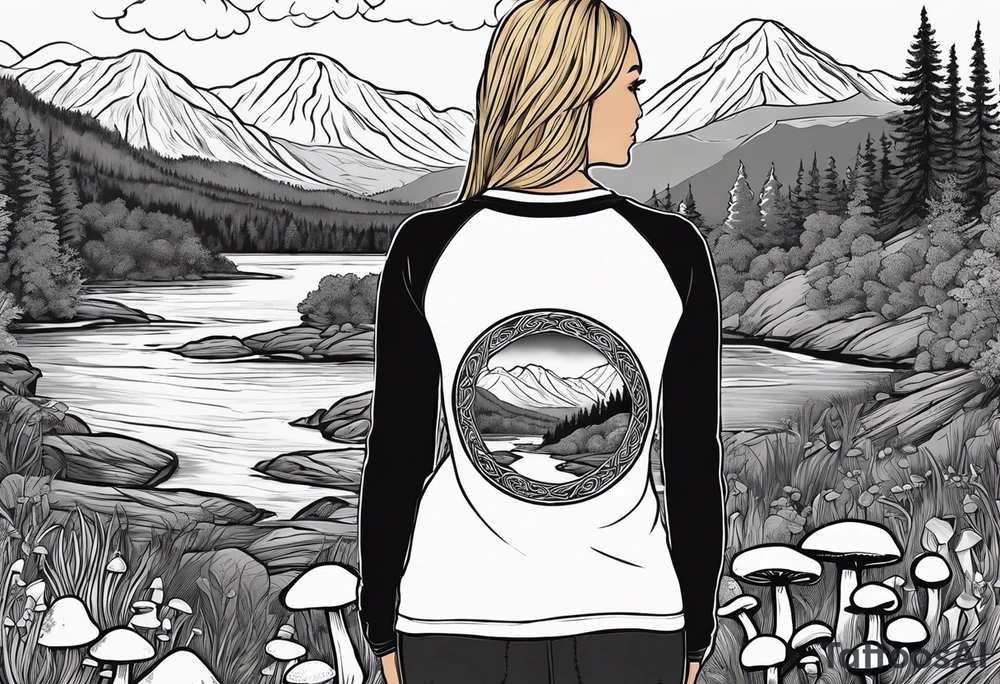 Whole picture encircled fully

Straight long blonde hair hippie girl in distance holding mushrooms in hand facing away toward mountains and creek surrounded by mushrooms long sleeve shirt and hiking pants; whole rendering within a full celtic circle, no cut off circle tattoo idea