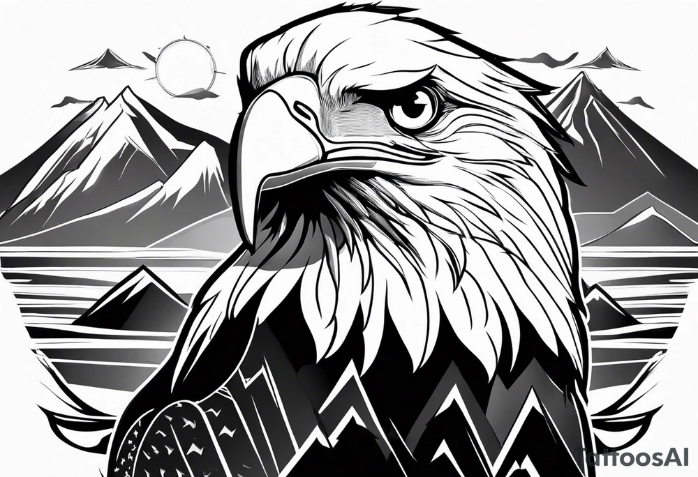 Small Bald eagle with several mountains in background tattoo idea