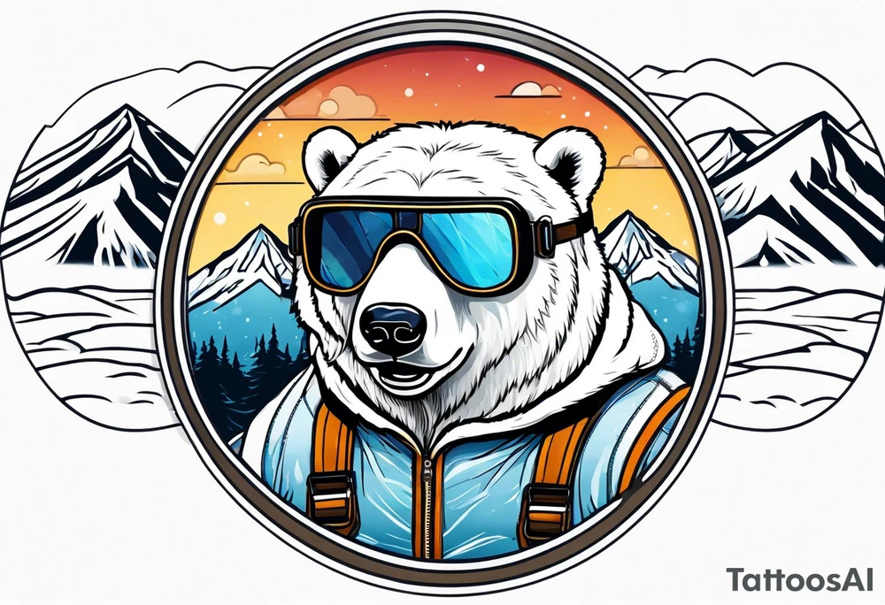Polar bear wearing  goggles standing in front of a mountain inside a snow globe tattoo idea