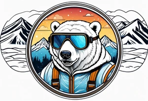Polar bear wearing  goggles standing in front of a mountain inside a snow globe tattoo idea