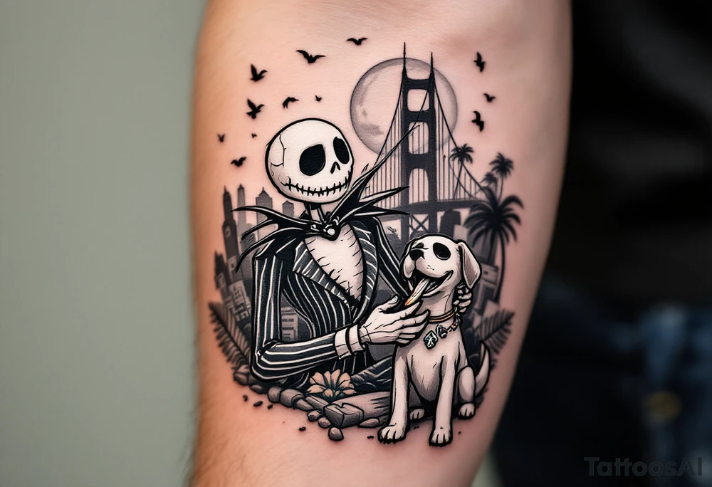 jack skellington with dog,smoking a blunt and fishing,surrounded by city buildings,golden gate bridge, birds, palm trees, tattoo idea