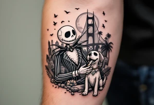 jack skellington with dog,smoking a blunt and fishing,surrounded by city buildings,golden gate bridge, birds, palm trees, tattoo idea