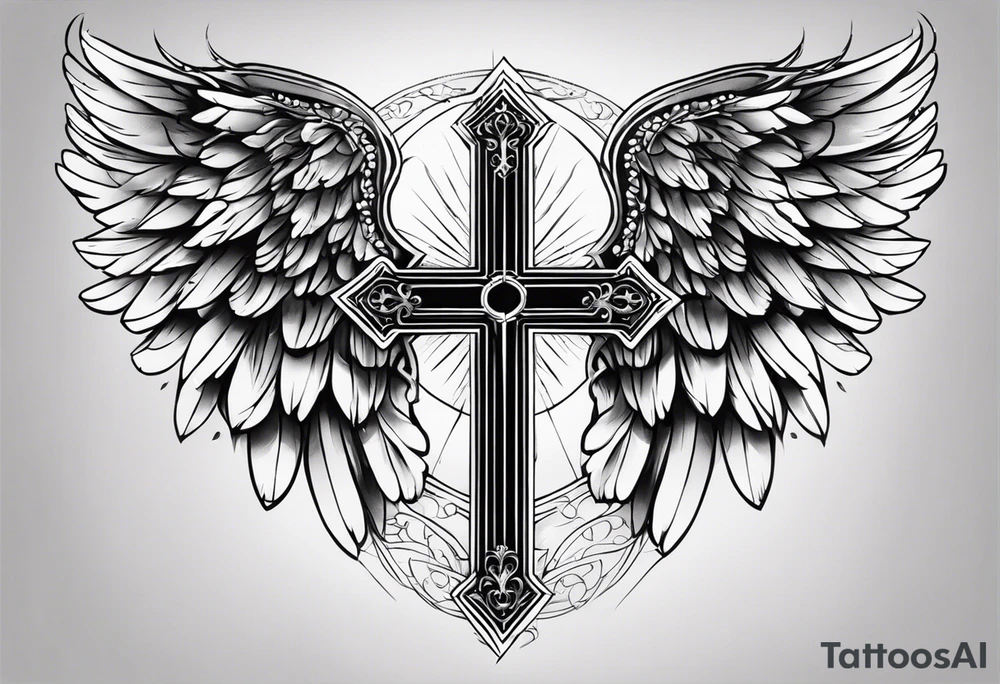 angel wings tattoo with a cross and the letters DJ in it tattoo idea