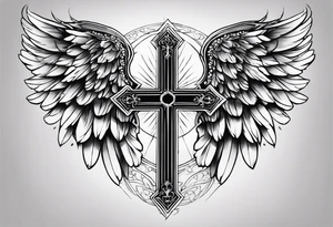 angel wings tattoo with a cross and the letters DJ in it tattoo idea