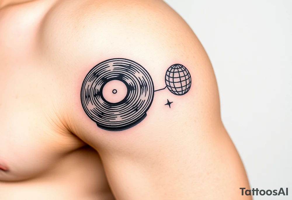 vinyl record player with a smaller disco ball to the side of it tattoo idea