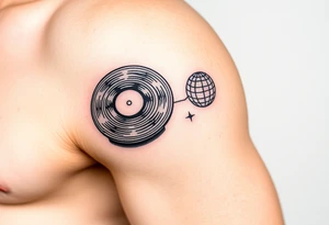 vinyl record player with a smaller disco ball to the side of it tattoo idea