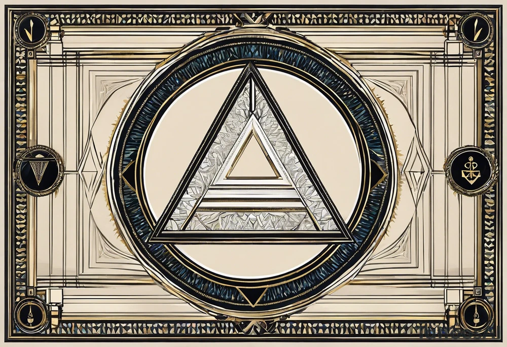 Design Layout
Primary Shape: A triangle as the main framing element, representing harmony and balance. The triangle contains and organizes all other elements inside and around it.
Central Element: Compass in the center of the triangle, symbolizing guidance and direction.
Symbol Placement and Details
Anchor (Strength): Positioned at the lower-left point of the triangle, grounded and stable to represent strength and resilience.
Heart (Love): Placed near the upper-left of the triangle, symbolizing love as a core value.
Olive Branch (Peace): Located at the upper-right of the triangle, with soft, curved lines to convey calmness and peace.
Open Hand (Kindness): Positioned at the lower-right point of the triangle, slightly reaching out or open to symbolize kindness and generosity.
Lotus Flower (Compassion): In the center of the triangle surrounding or beneath the compass, symbolizing personal growth, compassion, and enlightenment.
Chain Link (Loyalty): Integrated into one side of the triangle’s border or framing, symbolizing unbreakable bonds and loyalty.
Sun (Goodness): Above or behind the triangle, radiating subtly to symbolize light, warmth, and goodness.
Clear Open Eye (Honesty): Near the compass or positioned centrally within the triangle, representing clarity, insight, and honesty. tattoo idea