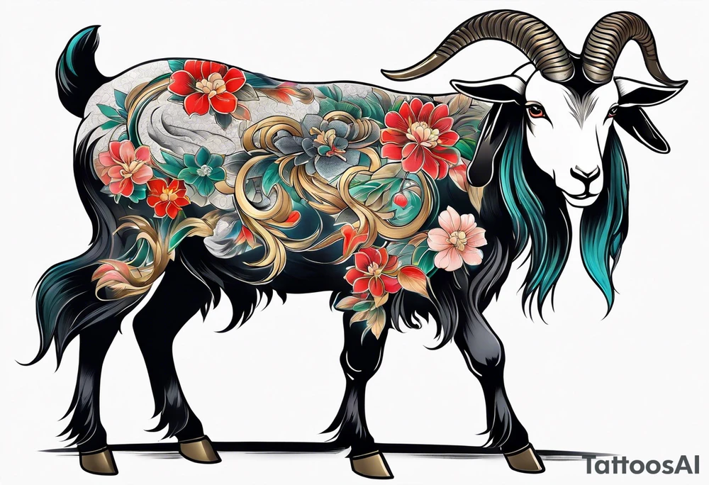 traditional japanese style goat with full body tattoo idea