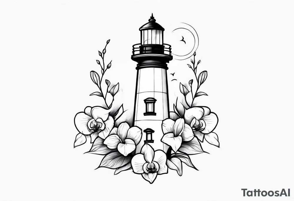 Lighthouse with an anchor and orchids tattoo idea