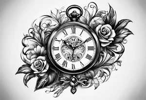 Dessine moi un tatouage noir et blanc pour l'épaule d'un homme.Il représente une horloge/sablier ou des chiffres tombent de l'horloge dans le fond du Sablier tattoo idea