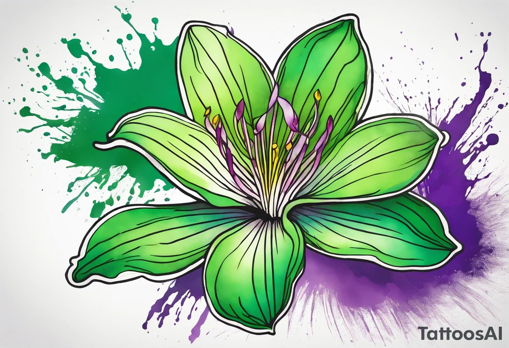 An outline of an only green rio dipladenia flower and a green and purple watercolor splash in the background tattoo idea