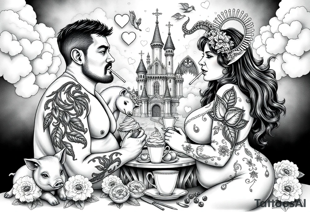 Naked Man and fat woman having sex eating cupcakes and  fruit  having sexy naked fat lady having a tea party with tea pots  swith fancy castle  
with mystical  a pigs, peacock,  lion, goat, noose and smoking cigerettes looking in the mirror thru storm clouds and broken hearts and darkness and wrath, envy , gluttony, greed, sloth, pride . Gothic tattoo idea