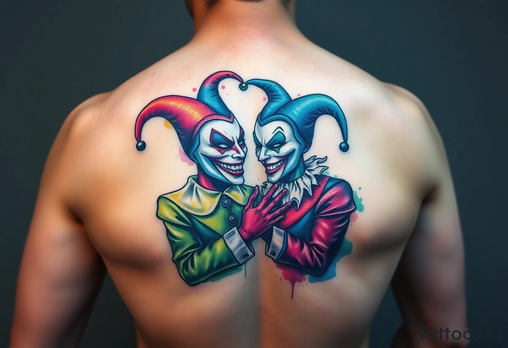 a toxic jester couple holding each other with cheeks being pulled to force smile tattoo idea