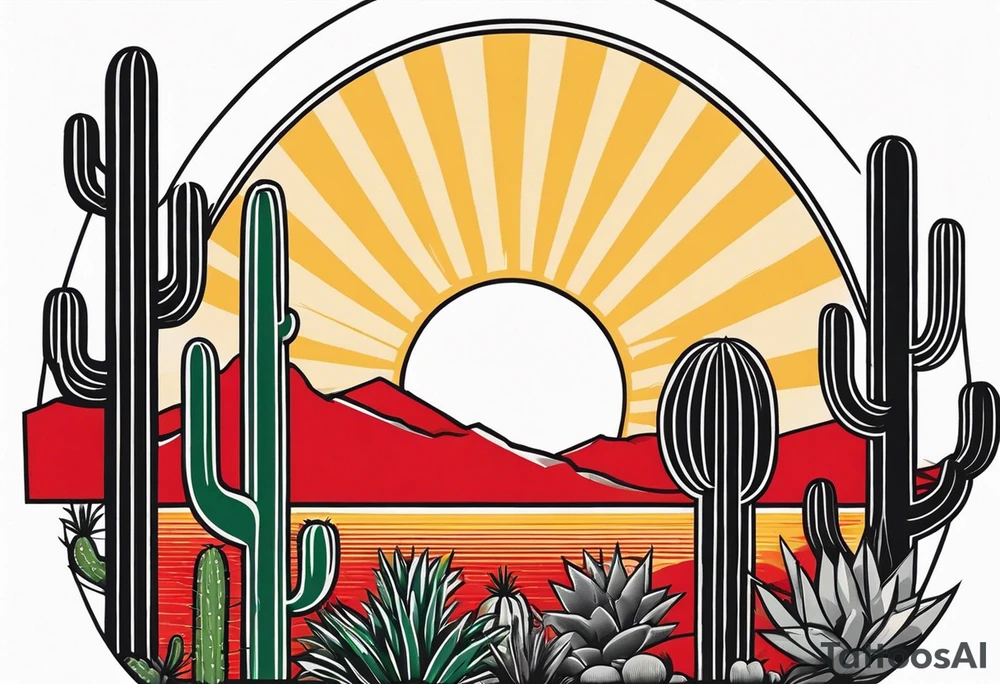 Crest with a hood on top,
13 rays of red and weld-yellow on the top half. NYC sky line
a cactus on the left side and a royal palm on the right side tattoo idea