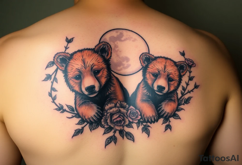 Tattoo, two realsistic baby brown bears, moon, colored carnations and vines, 9-28-14, "Bear is life" tattoo idea