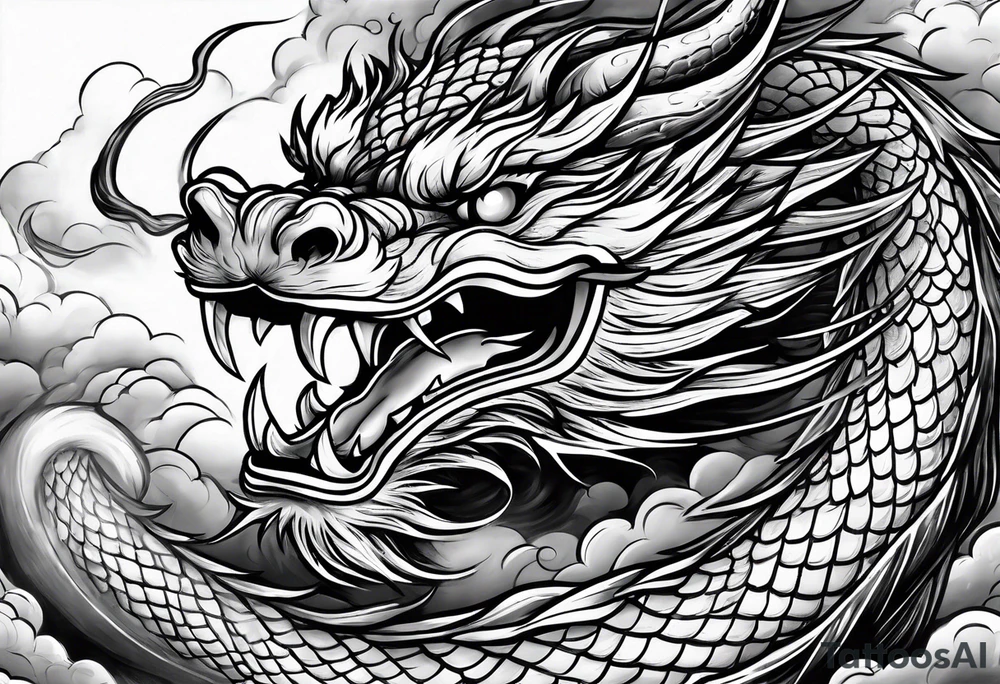 chinese dragon blowing fire while flying through a thunderstorm tattoo idea