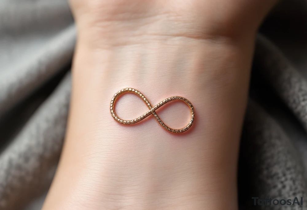 Three infinity symbols in gold, silver, and rose gold, each person (three) has its own tattoo idea