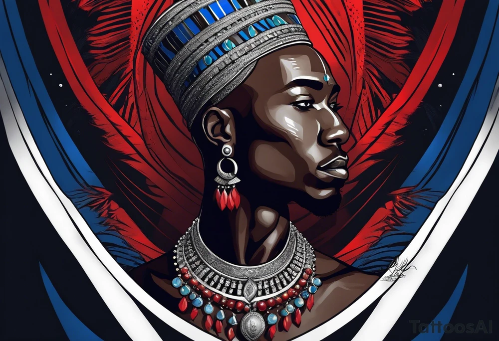 Black-skinned bald african warrior. He wears  a small silver crown. He wears two simple necklaces: one blue, other red. tattoo idea